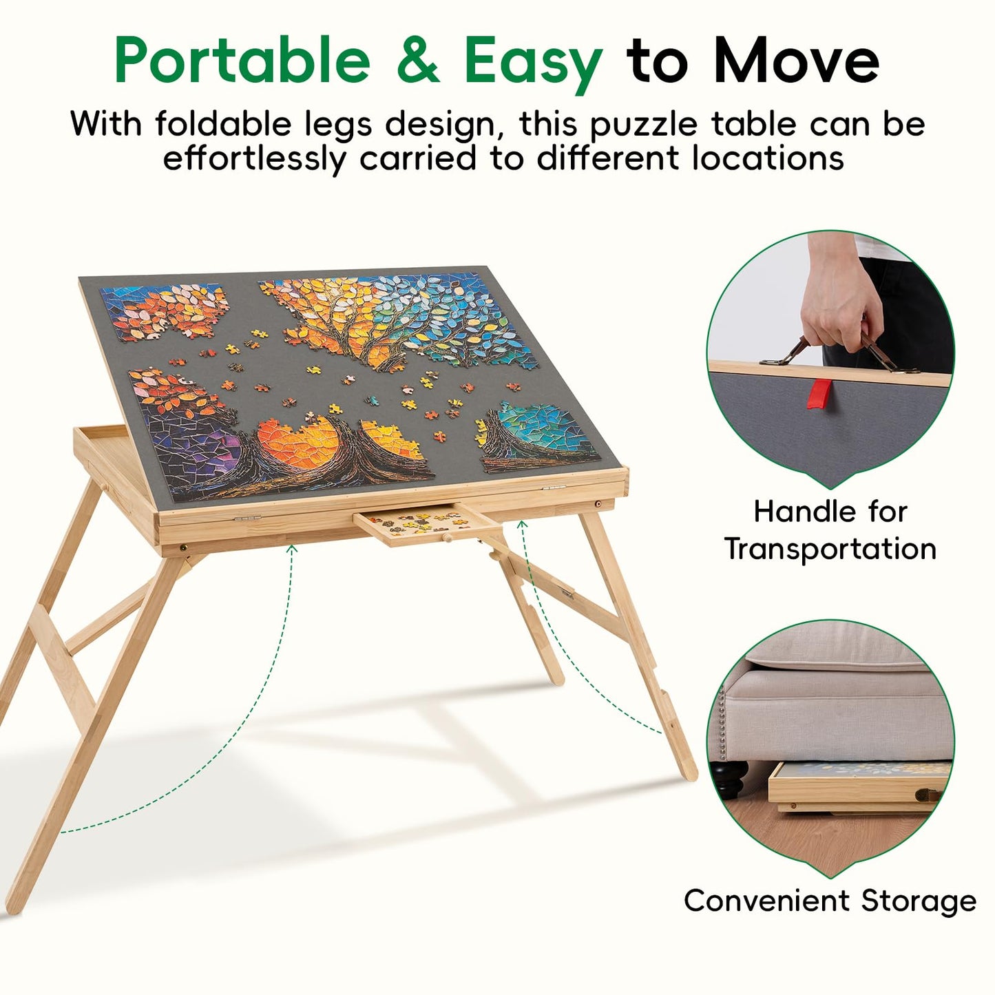 TEAKMAMA Puzzle Table - 27.6 Tall with Drawers | Adjustable 5-Tilt Angles, 34.2 x 26.3 Work Surface