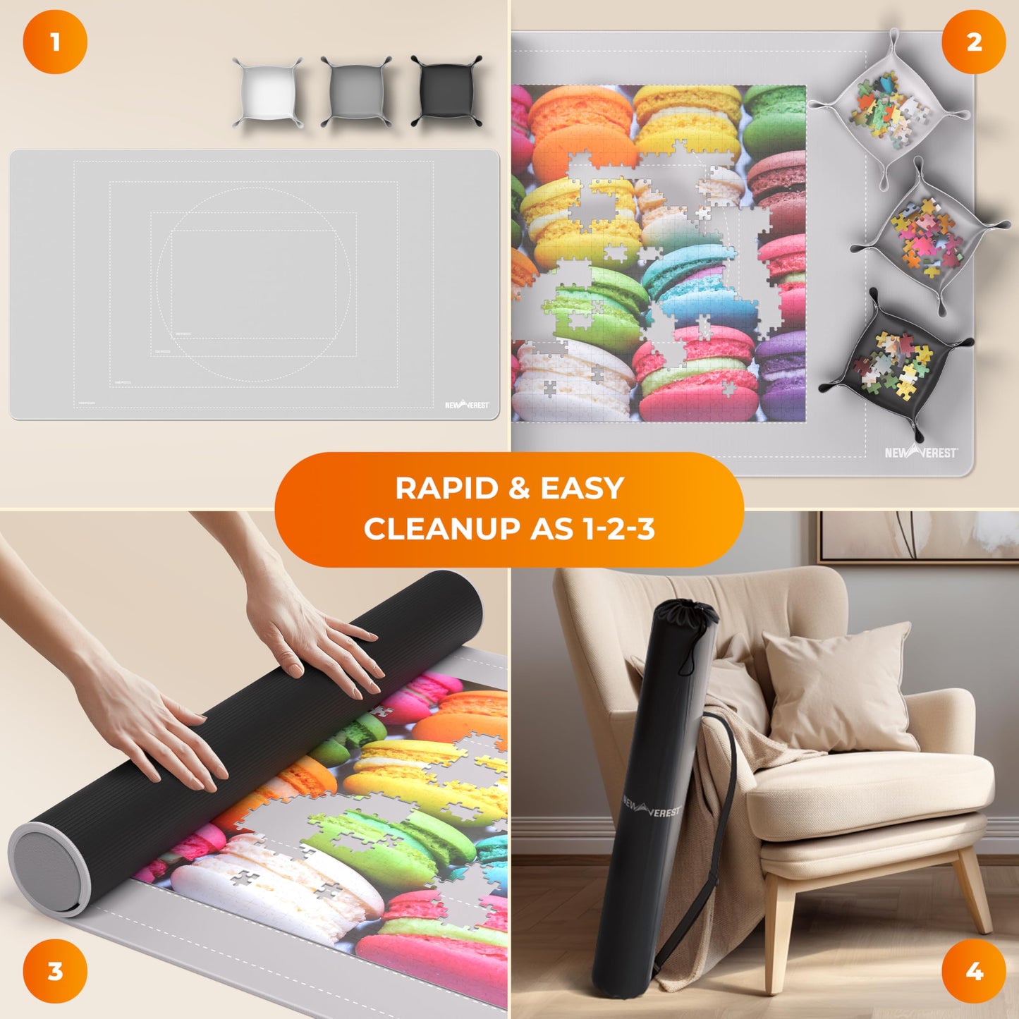 The Original Newverest Jigsaw Puzzle Mat Roll Up, Silver, 46” x 26” Portable Keeper Up to 1500 Pieces with Non-Slip Rubber Bottom & Smooth Top + 3 Puzzle Sorting Trays & Travel-Friendly Storage Bag
