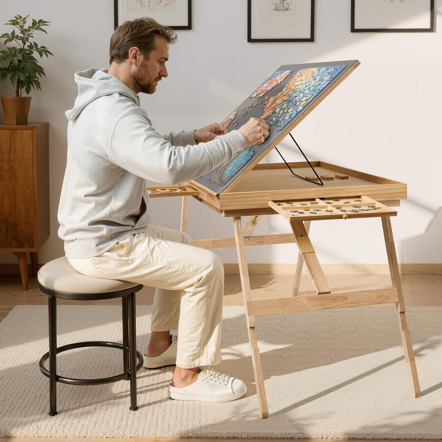 TEAKMAMA Puzzle Table - 27.6 Tall with Drawers | Adjustable 5-Tilt Angles, 34.2 x 26.3 Work Surface