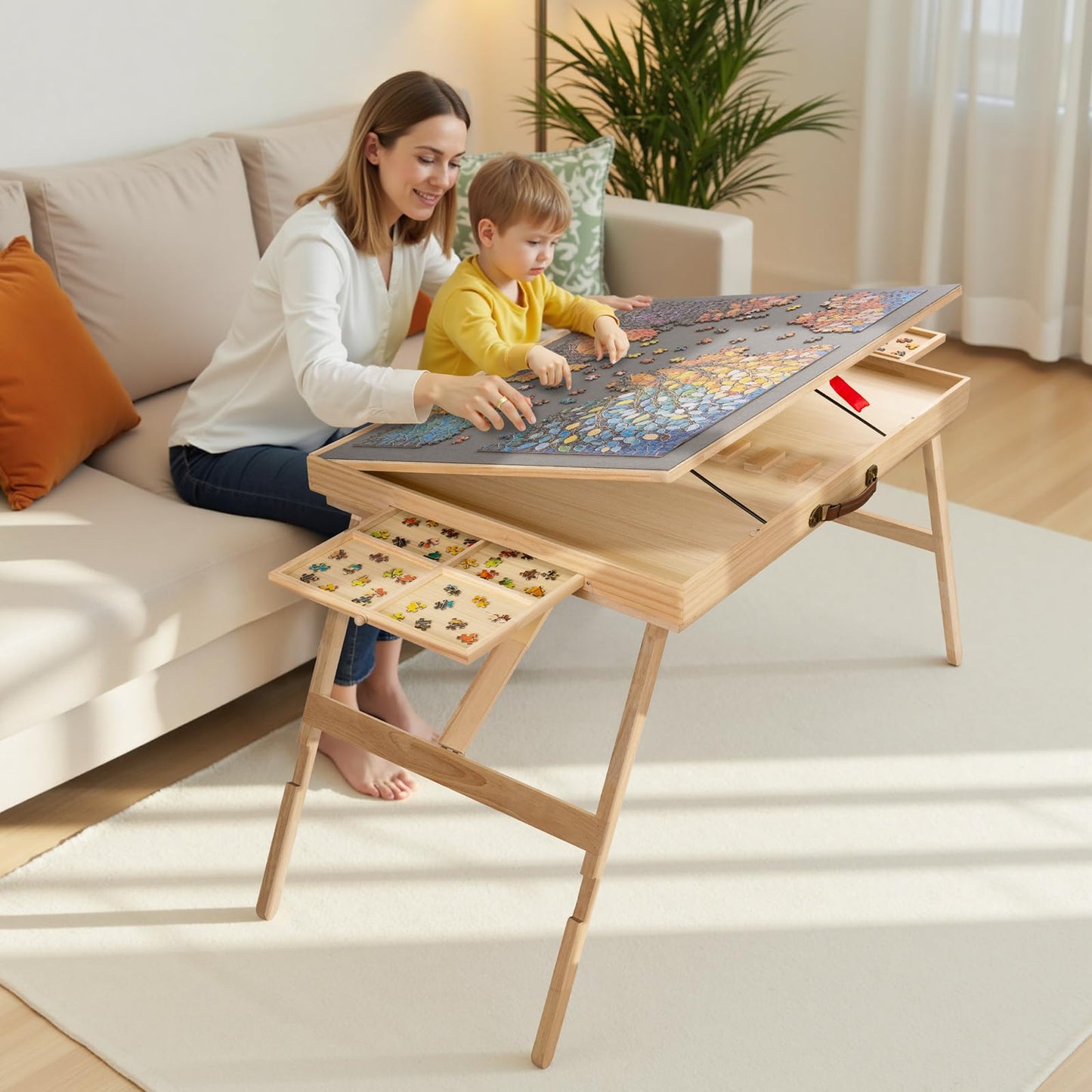 TEAKMAMA Puzzle Table - 27.6 Tall with Drawers | Adjustable 5-Tilt Angles, 34.2 x 26.3 Work Surface