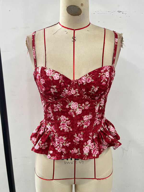 Women’s Floral Ruffled Backless Lace-Up Light & Sexy Summer Blouse