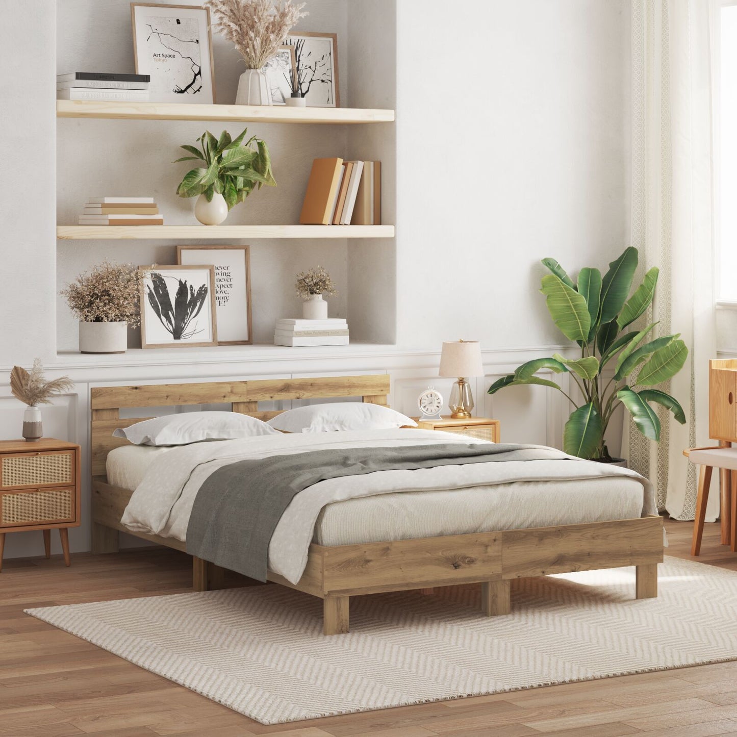 Modern Wooden Queen Size 160cm Bed Frame Base With Headboard & LED Lights