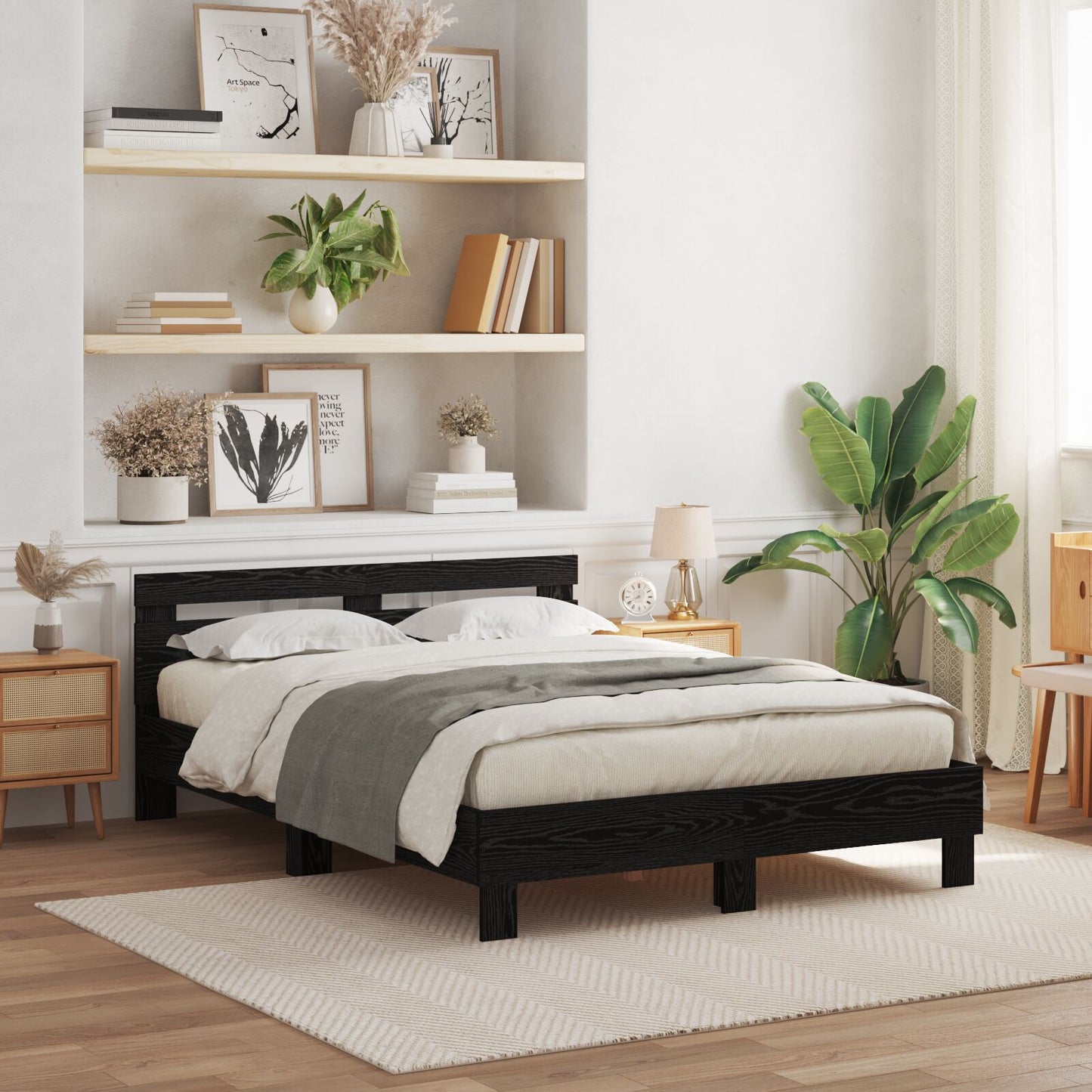 Modern Wooden Queen Size 160cm Bed Frame Base With Headboard & LED Lights