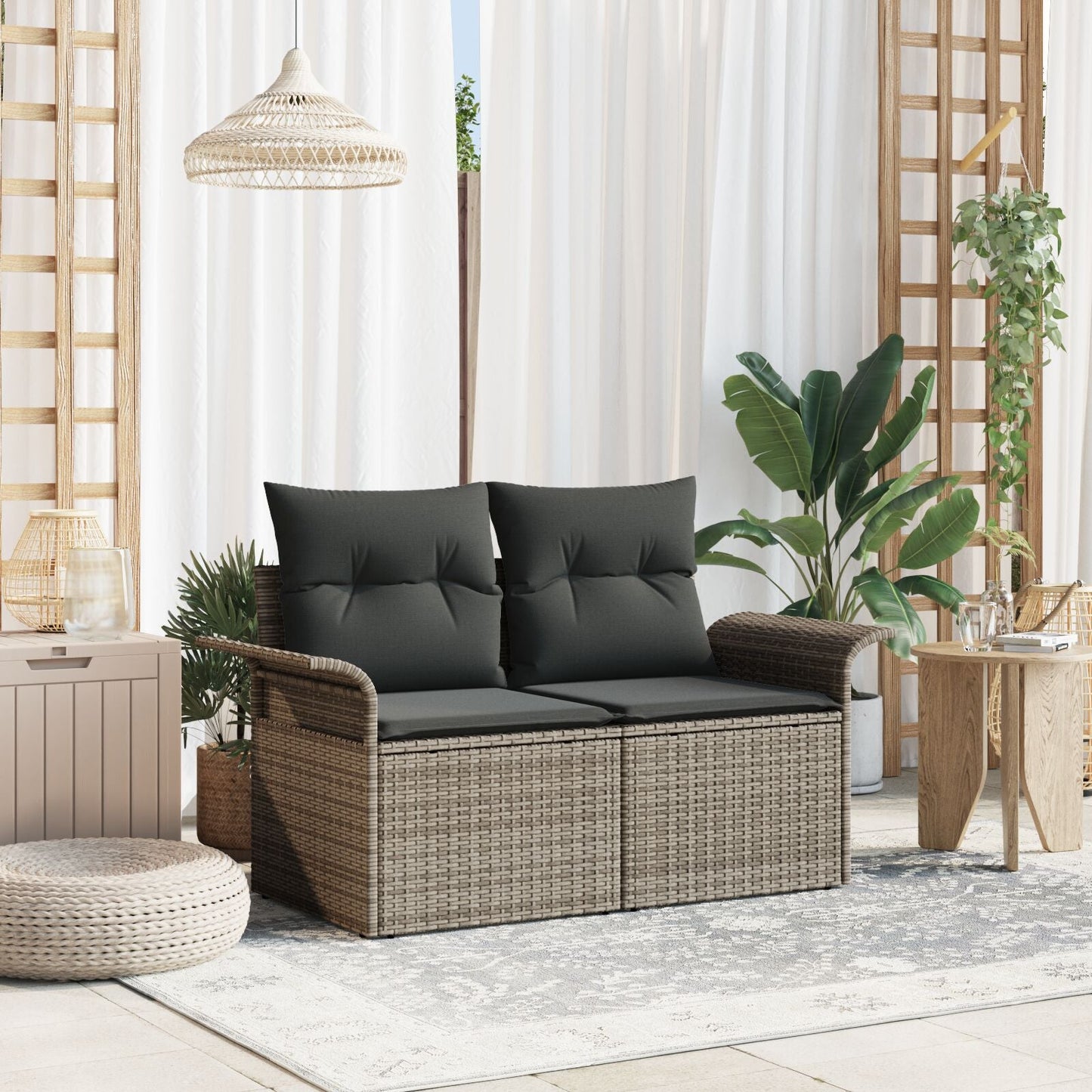 Outdoor Patio Poly Rattan 2-Seater Garden Sofa With Storage & Cushions Chair