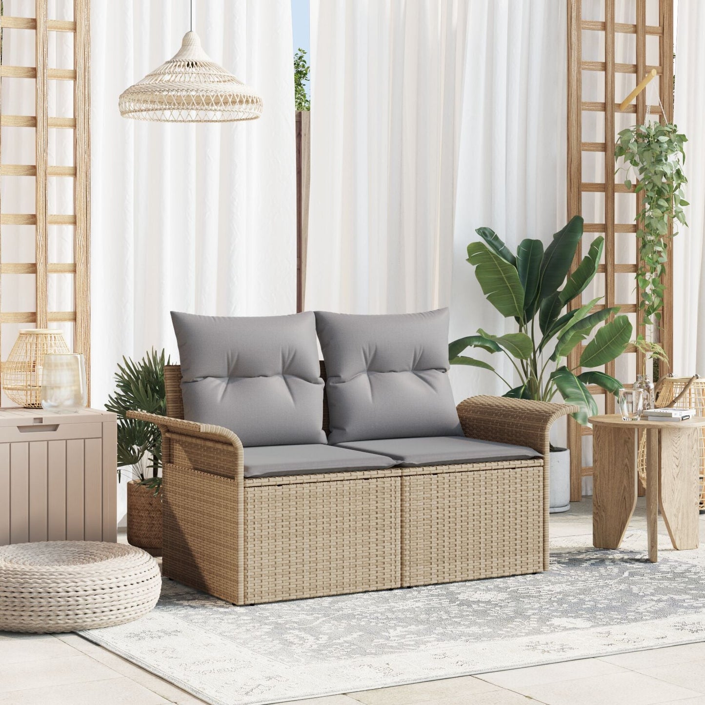Outdoor Patio Poly Rattan 2-Seater Garden Sofa With Storage & Cushions Chair