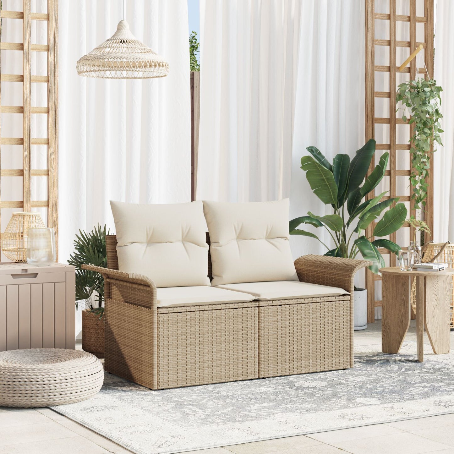 Outdoor Patio Poly Rattan 2-Seater Garden Sofa With Storage & Cushions Chair