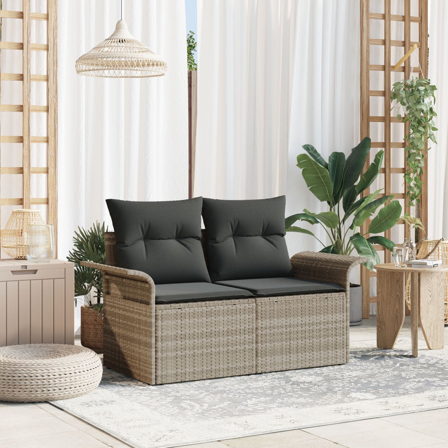 Outdoor Patio Poly Rattan 2-Seater Garden Sofa With Storage & Cushions Chair