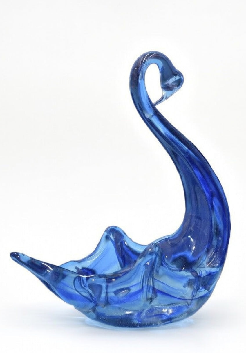 ART GLASS SWAN DISH BLUE & CLEAR GLASS