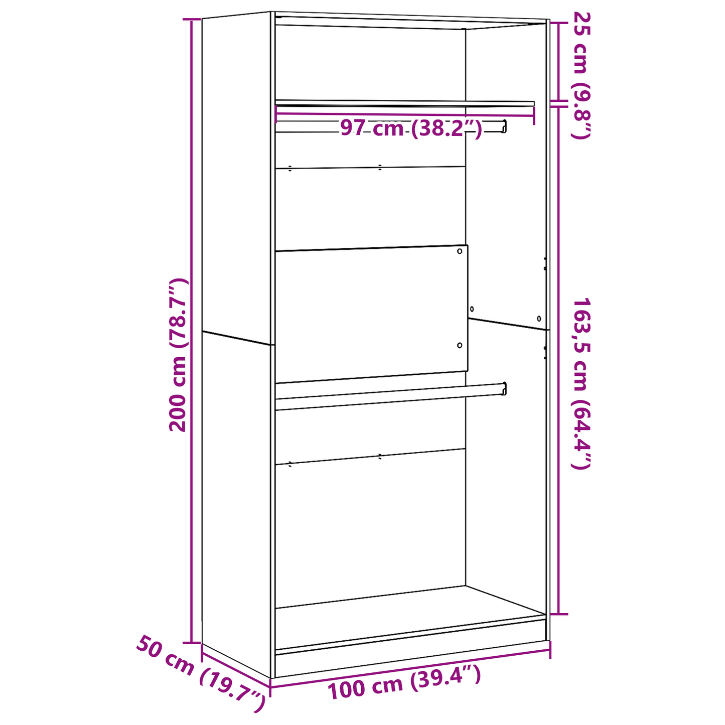 Black Oak Wardrobe - 100x50x200 cm, Made of Engineered Wood