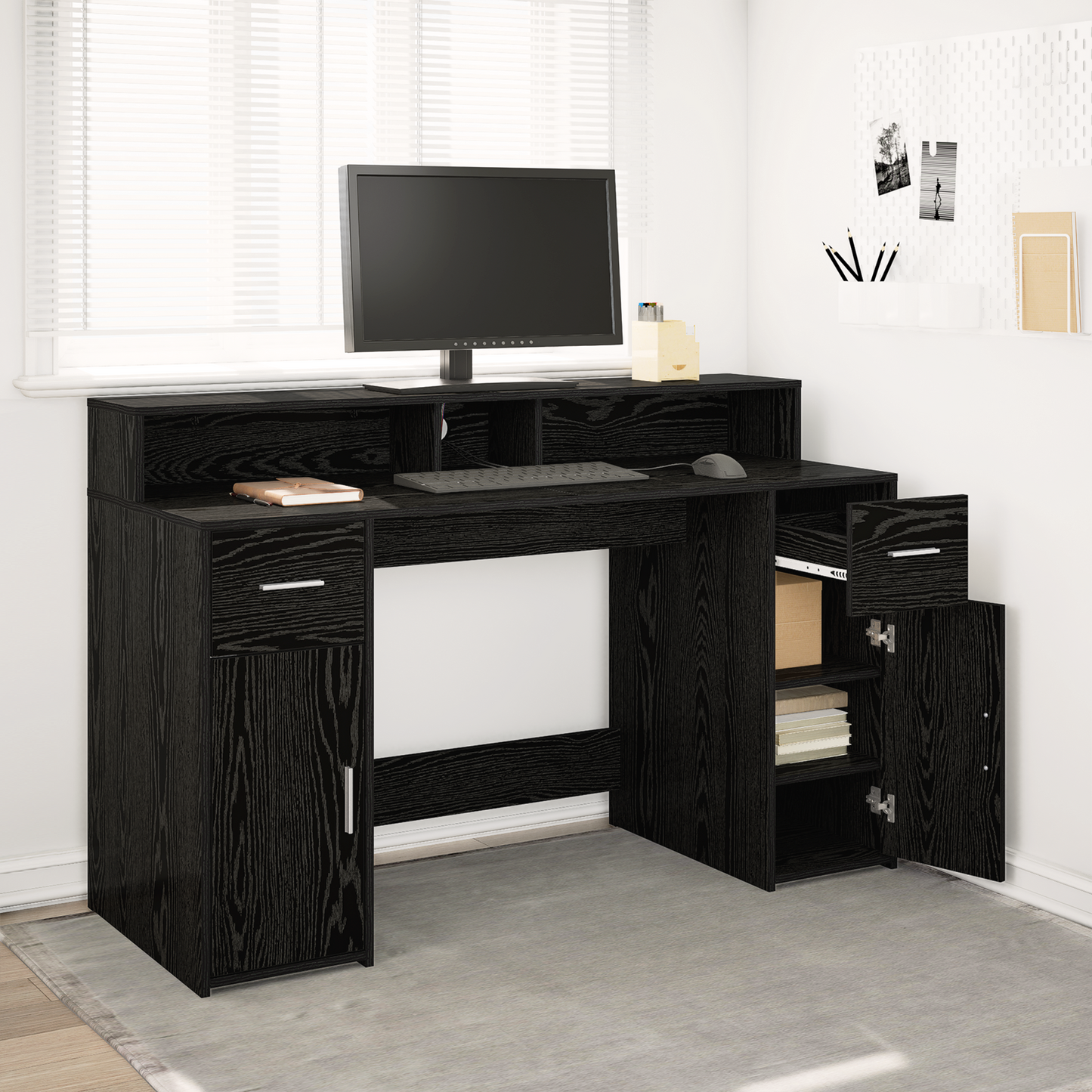 Modern Wooden 140cm Home Office Computer Desk Table With LED Lights Monitor Stand
