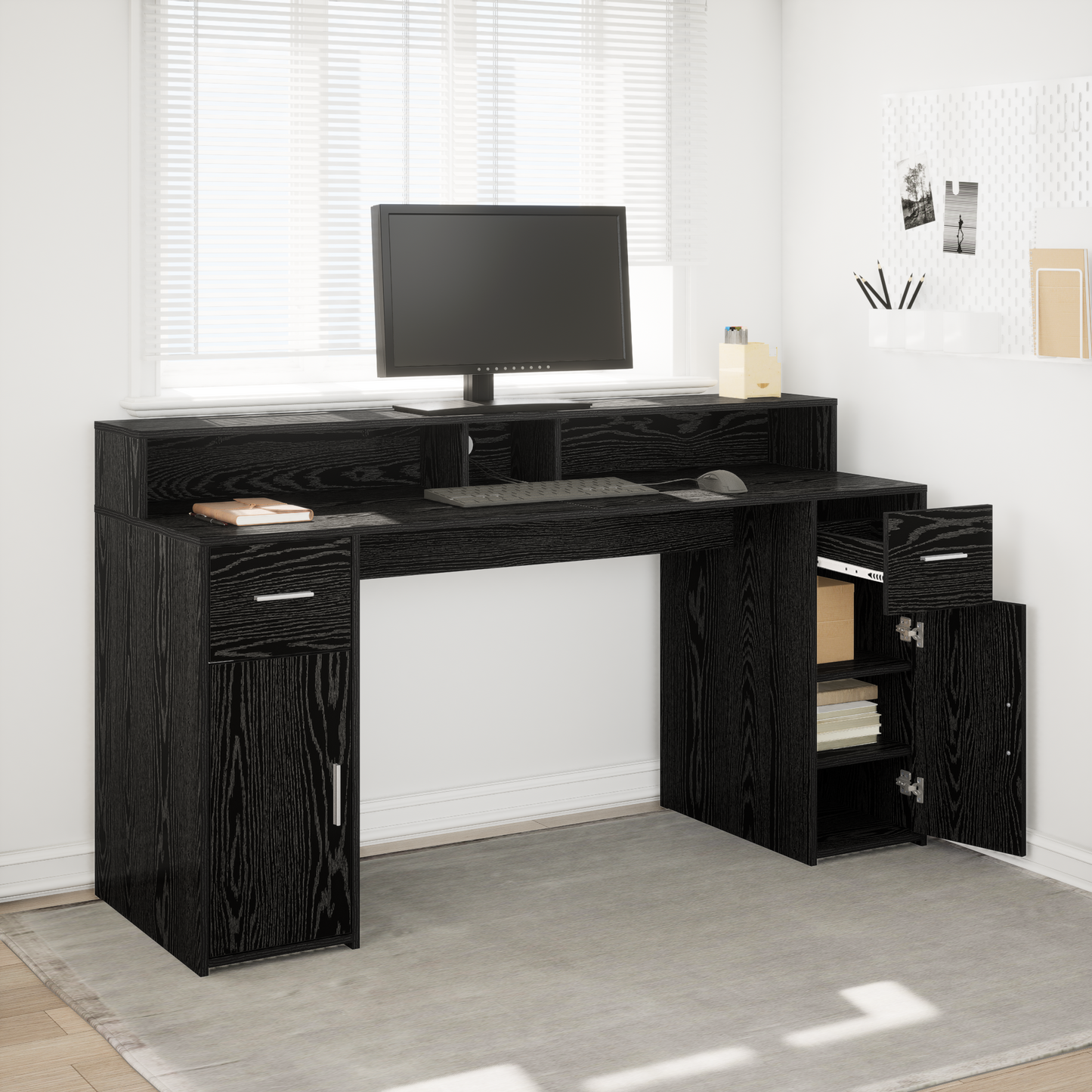 Modern Wooden 160cm Home Office Computer Desk Table With LED Lights & Storage