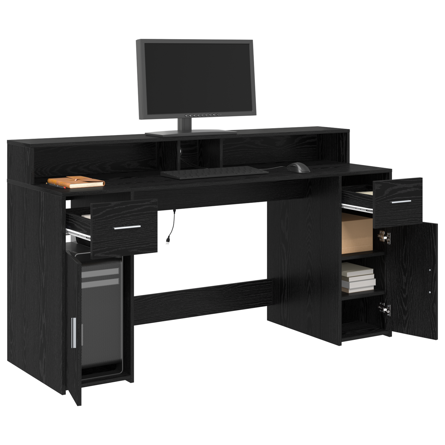 Modern Wooden 160cm Home Office Computer Desk Table With LED Lights & Storage