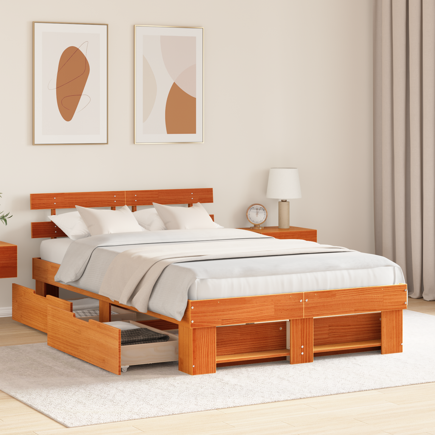 Bed Frame with Drawers Wax Brown 140x190 cm Solid Pine Wood