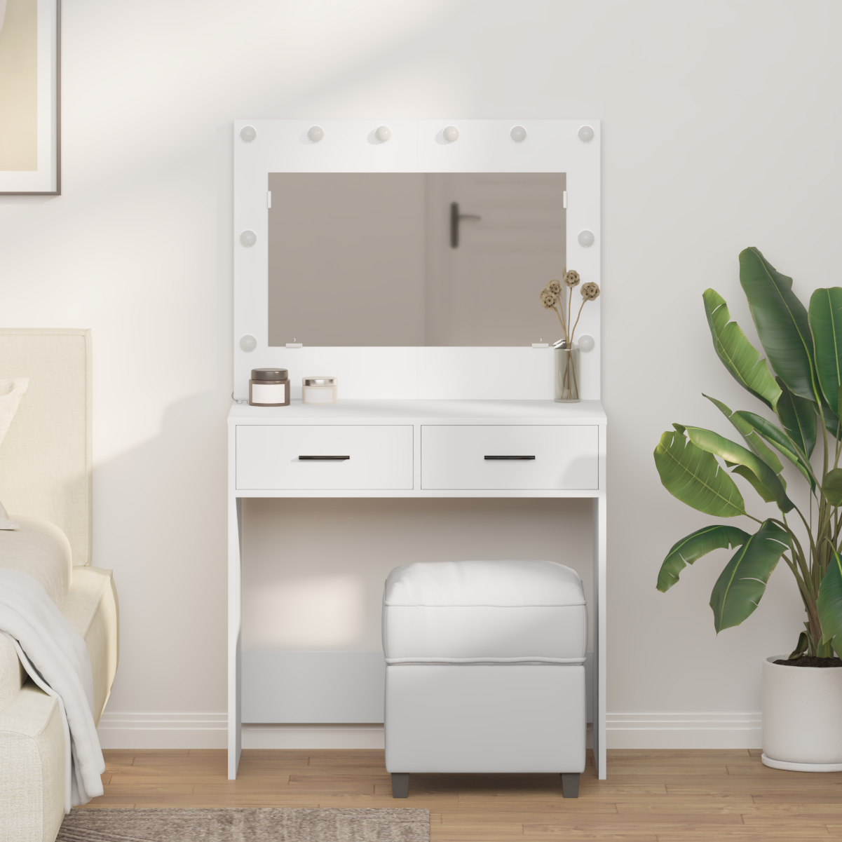 Modern Wooden Dressing Table Makeup Vanity Desk Table With 2 Drawers & LED Mirror