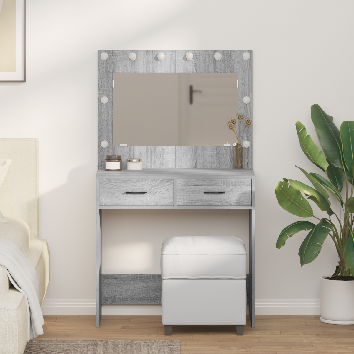 Modern Wooden Dressing Table Makeup Vanity Desk Table With 2 Drawers & LED Mirror