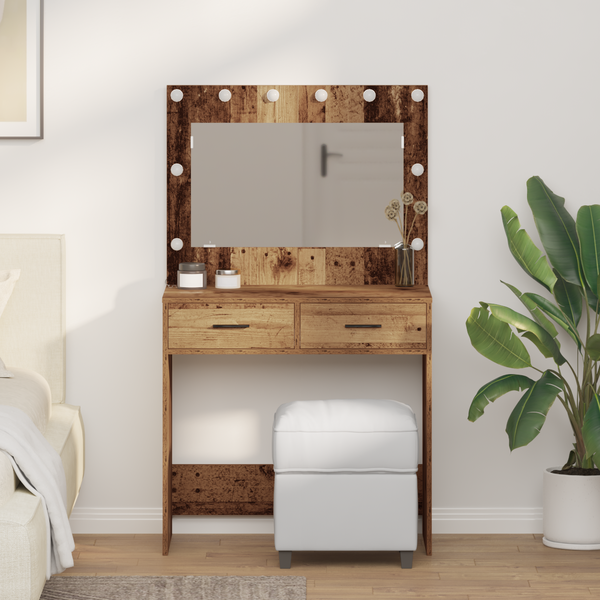 Modern Wooden Dressing Table Makeup Vanity Desk Table With 2 Drawers & LED Mirror