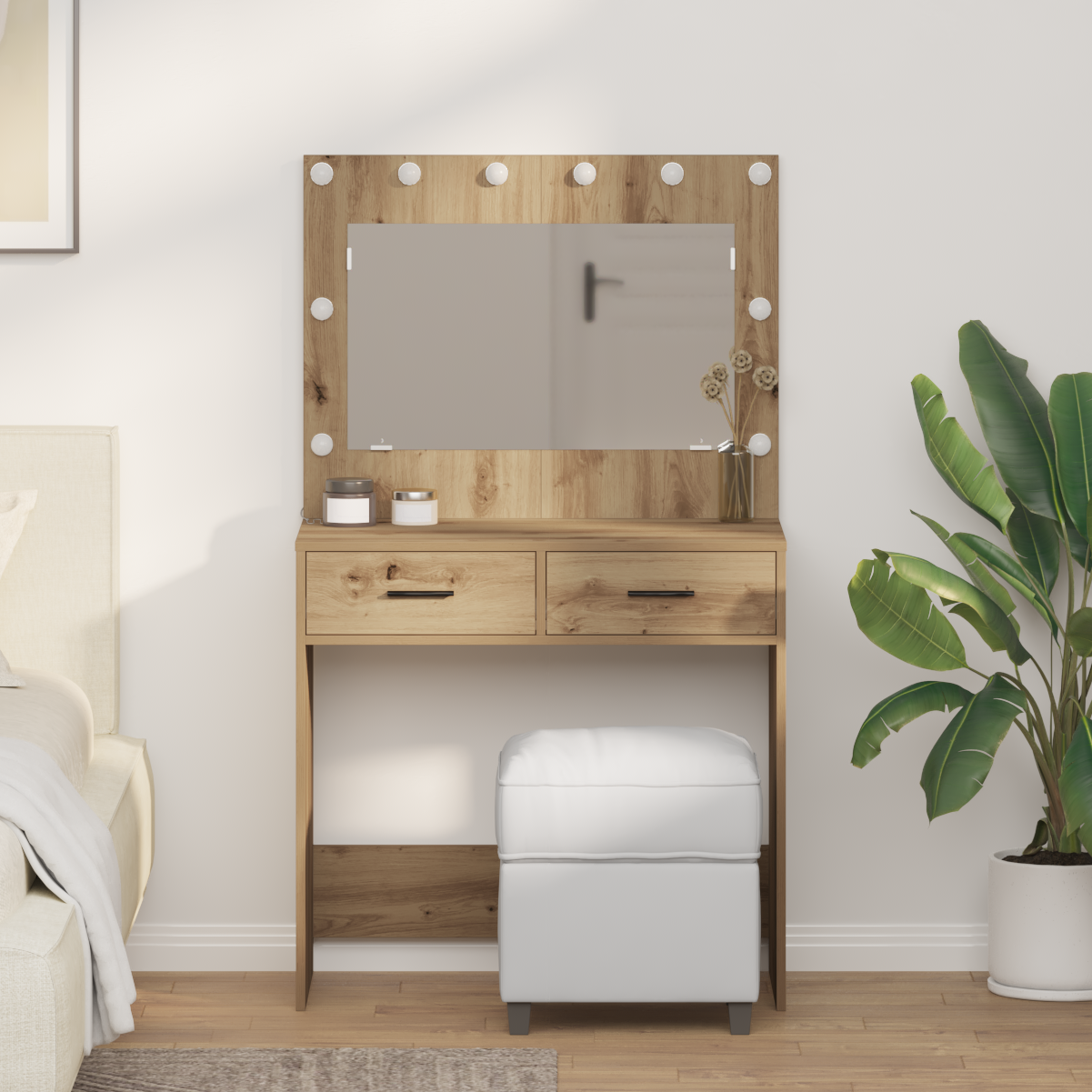 Modern Wooden Dressing Table Makeup Vanity Desk Table With 2 Drawers & LED Mirror