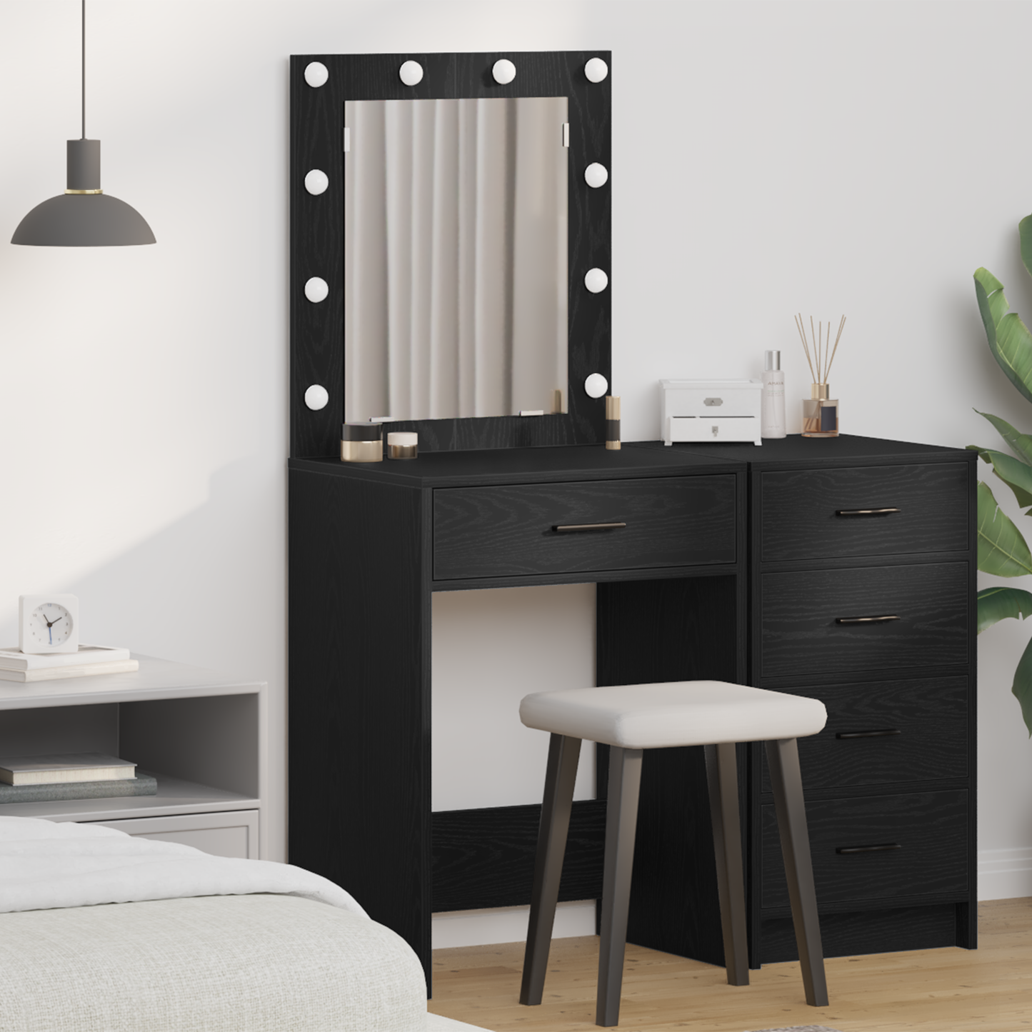 Modern Wooden Dressing Table Makeup Vanity Desk With Drawer & LED Lights Mirror