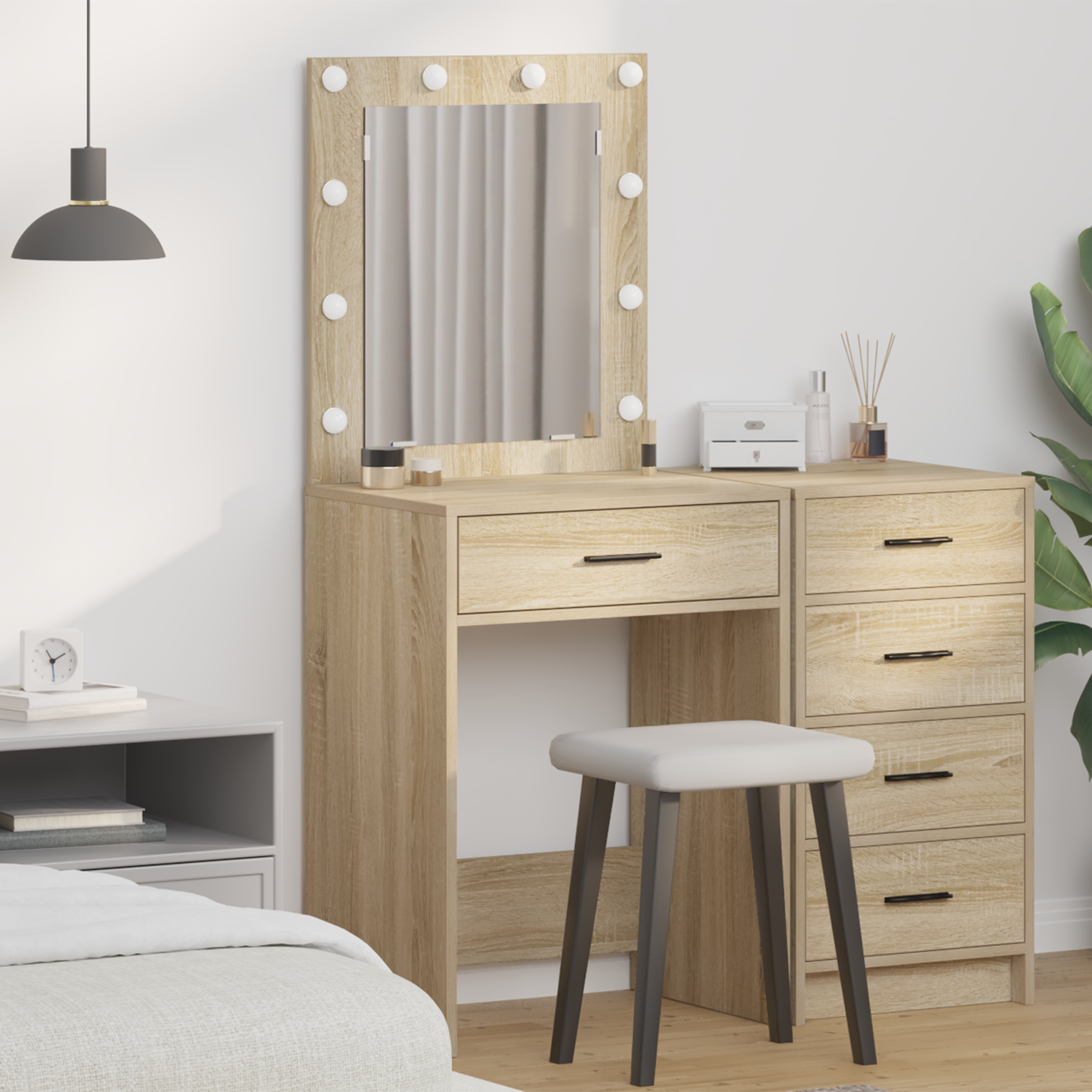 Modern Wooden Dressing Table Makeup Vanity Desk With Drawer & LED Lights Mirror