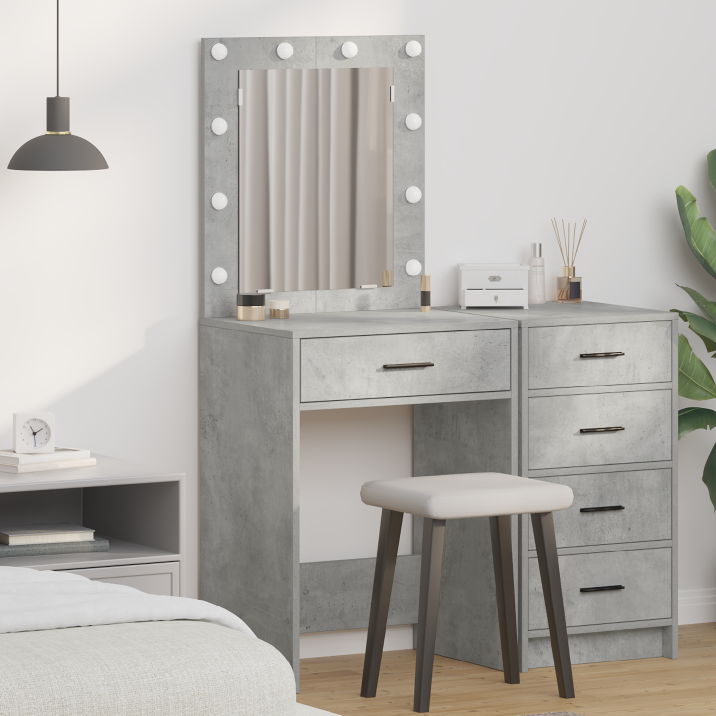Modern Wooden Dressing Table Makeup Vanity Desk With Drawer & LED Lights Mirror