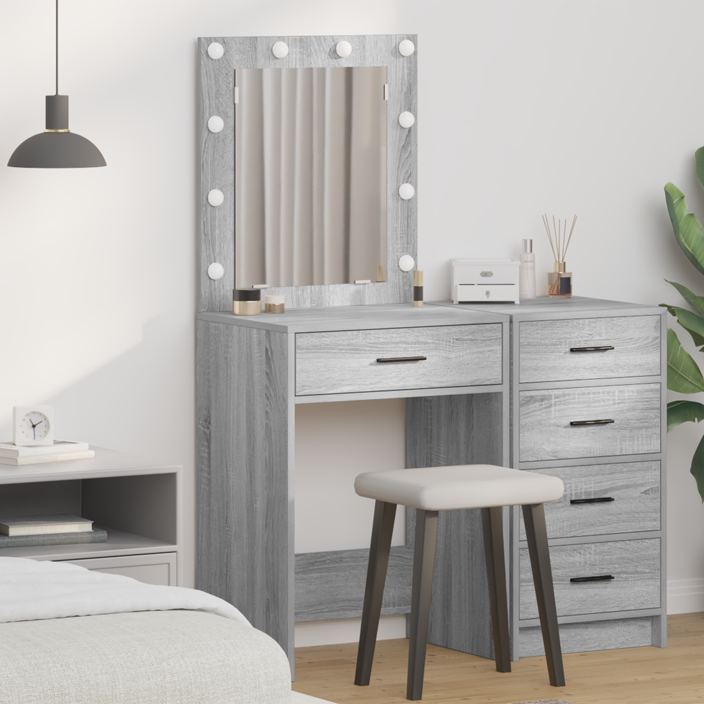 Modern Wooden Dressing Table Makeup Vanity Desk With Drawer & LED Lights Mirror