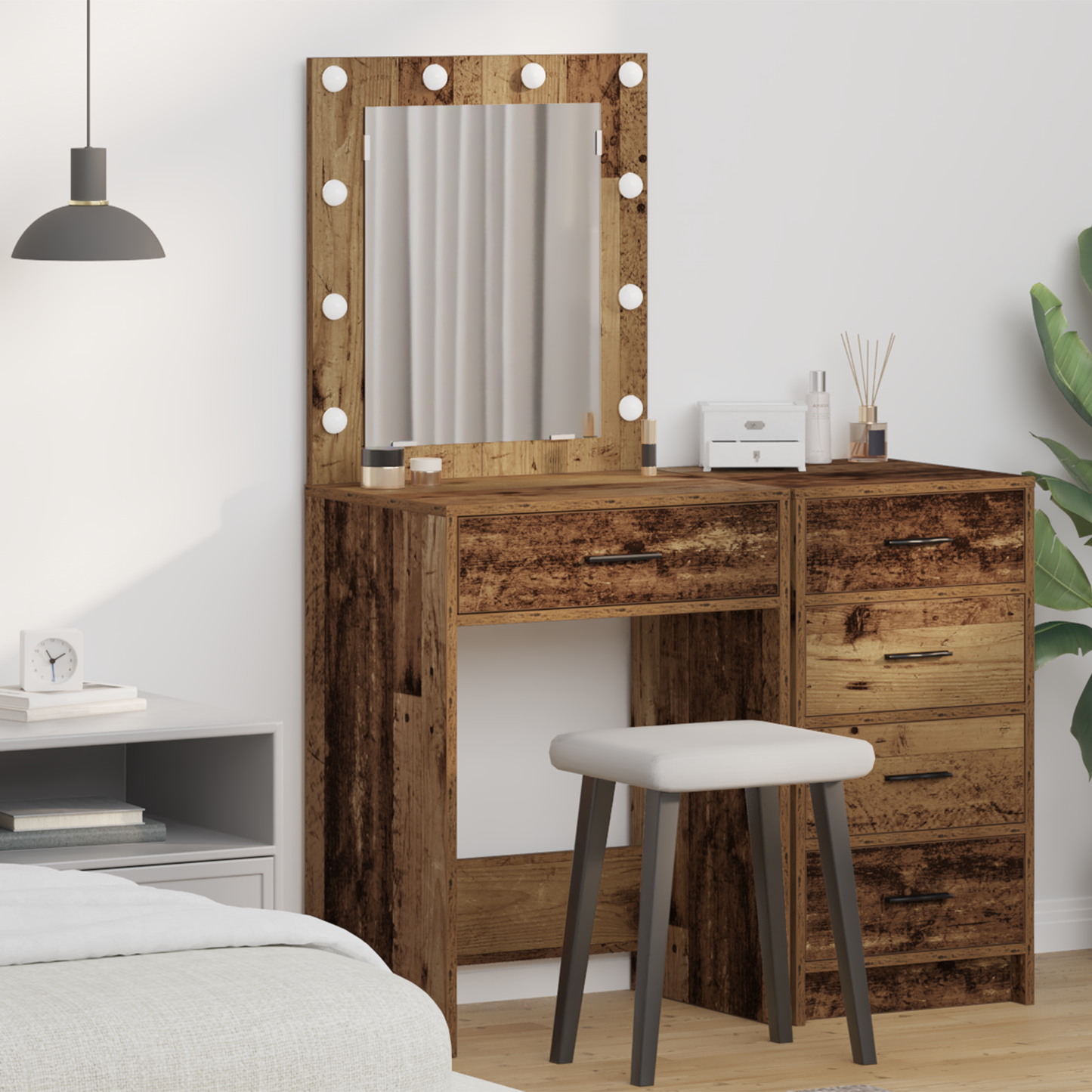 Modern Wooden Dressing Table Makeup Vanity Desk With Drawer & LED Lights Mirror