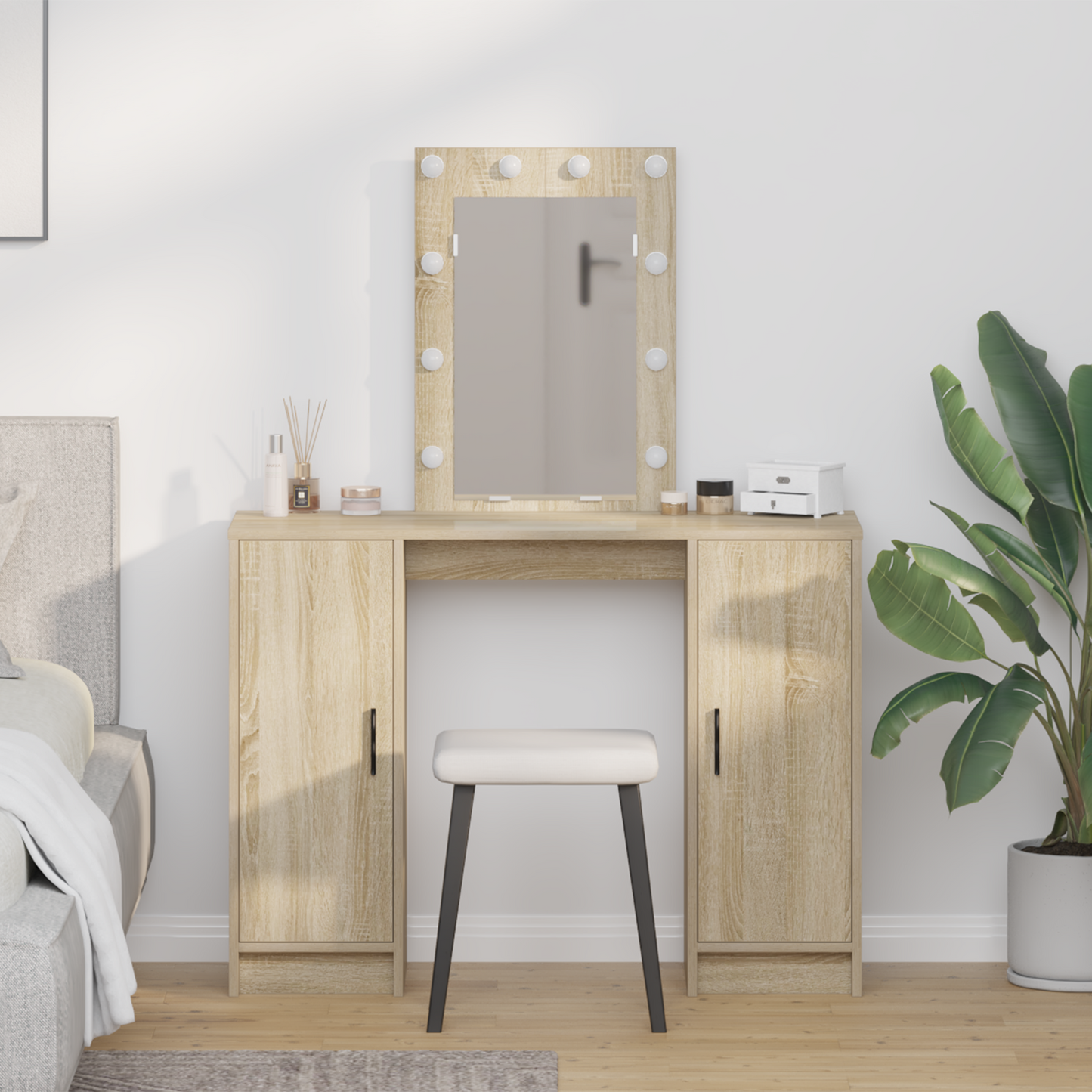 Modern Wooden Dressing Table Makeup Vanity Desk With LED Mirror & Cupoards