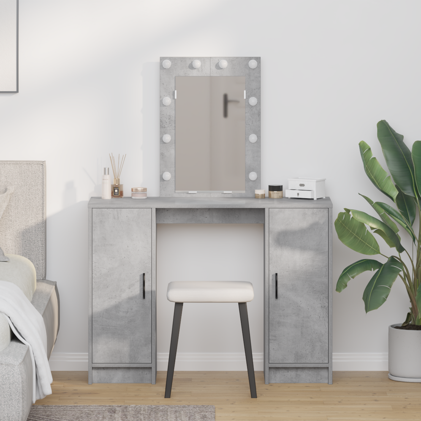 Modern Wooden Dressing Table Makeup Vanity Desk With LED Mirror & Cupoards