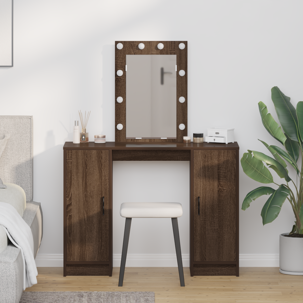 Modern Wooden Dressing Table Makeup Vanity Desk With LED Mirror & Cupoards
