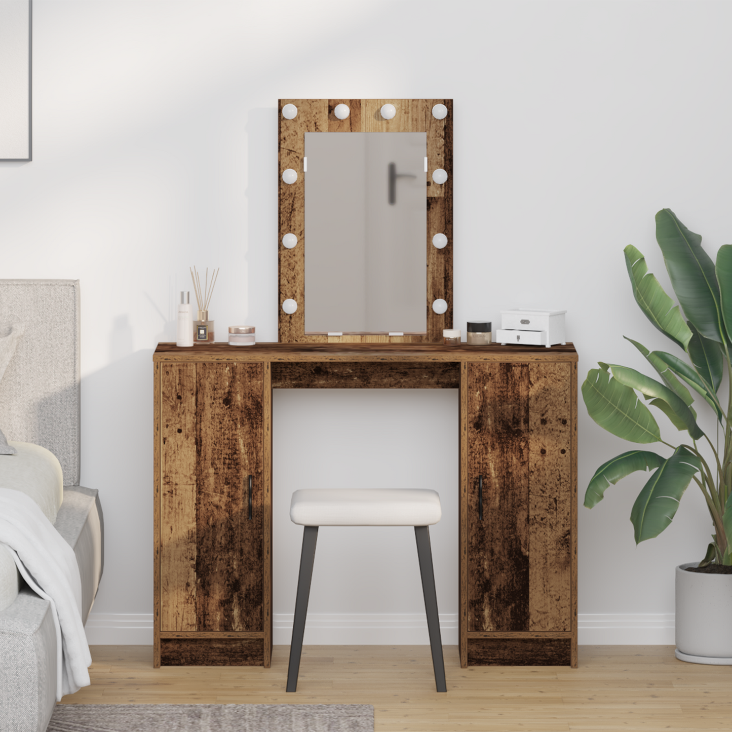 Modern Wooden Dressing Table Makeup Vanity Desk With LED Mirror & Cupoards
