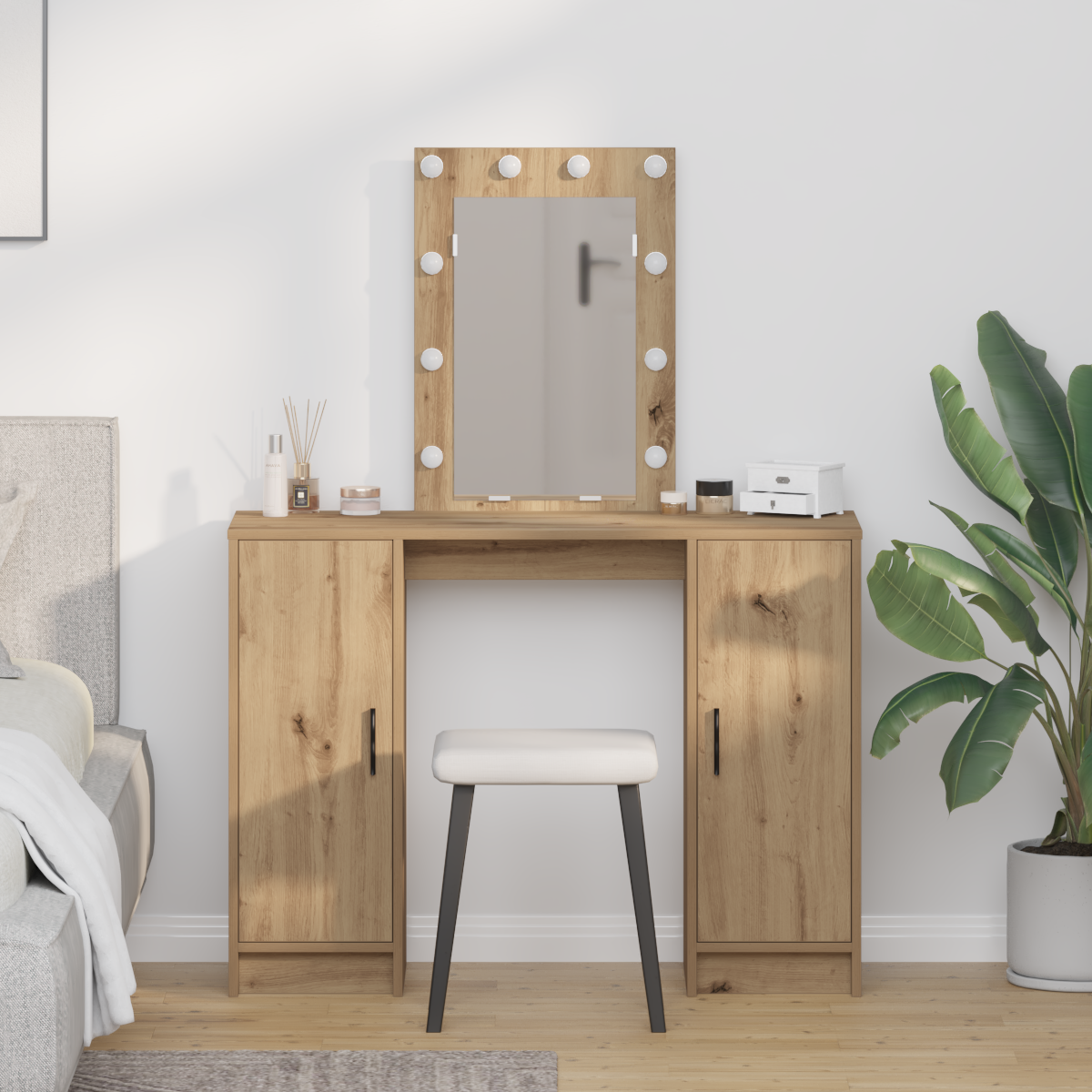 Modern Wooden Dressing Table Makeup Vanity Desk With LED Mirror & Cupoards