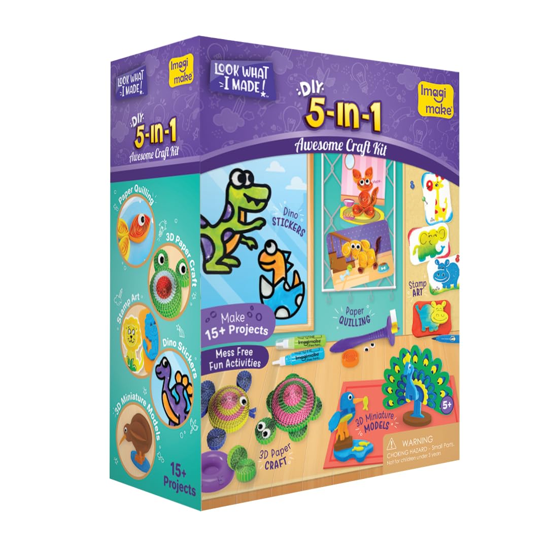 Imagimake 5-in-1 Awesome Craft Kit – 15+ Projects for Kids Aged 4–8 | Mess-Free Creative Fun