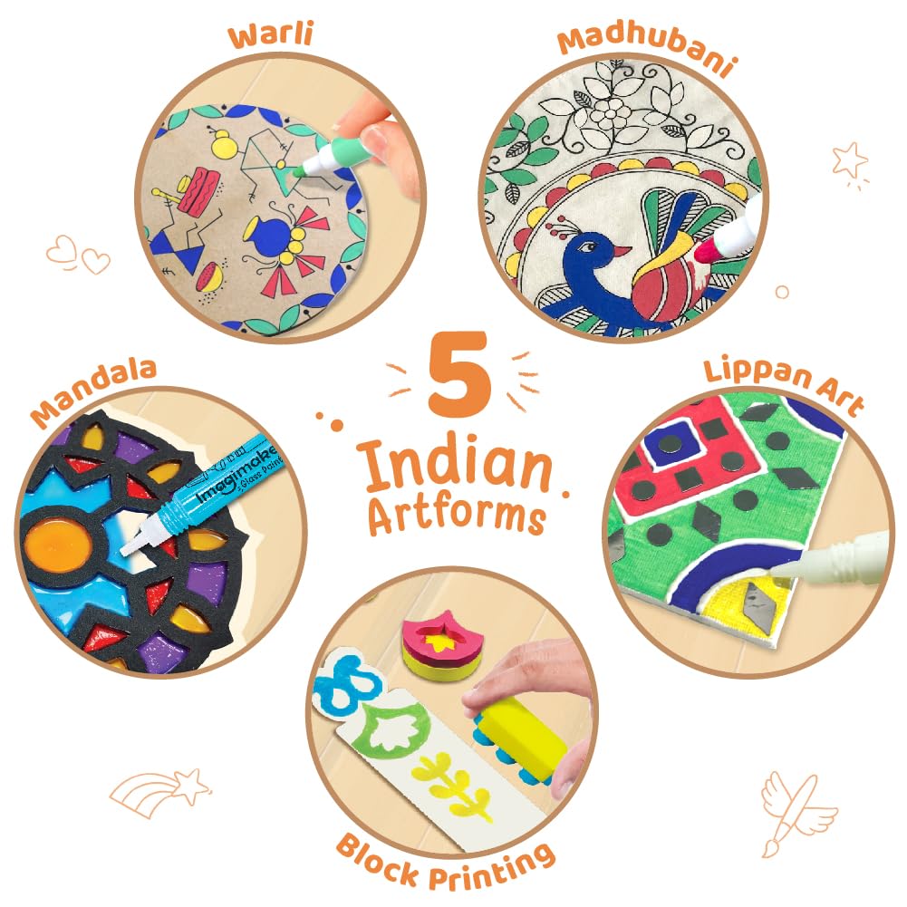 Imagimake Indian Art Forms Kit for Kids 8-12 — Madhubani, Warli, Mandala, Lippan & Block Printing