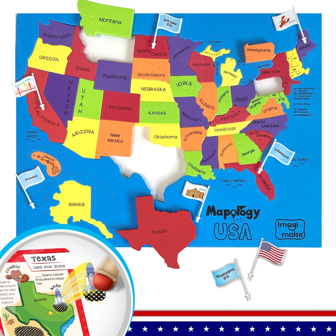 Imagimake Mapology United States Flash Card Puzzle — Flags, Capitals, and Geography Facts for Kids 5-9