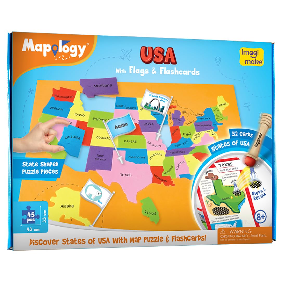 Imagimake Mapology United States Flash Card Puzzle — Flags, Capitals, and Geography Facts for Kids 5-9