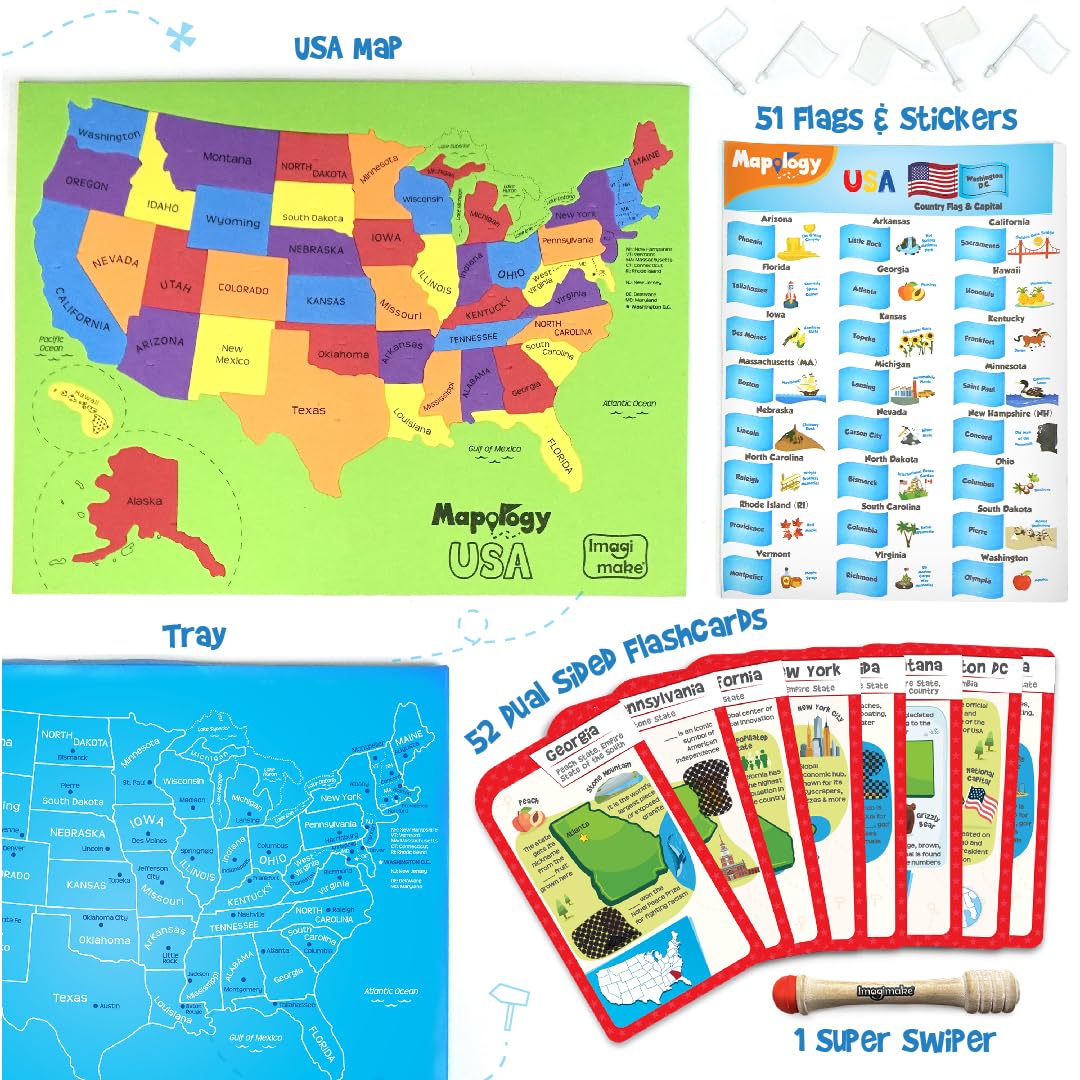Imagimake Mapology United States Flash Card Puzzle — Flags, Capitals, and Geography Facts for Kids 5-9
