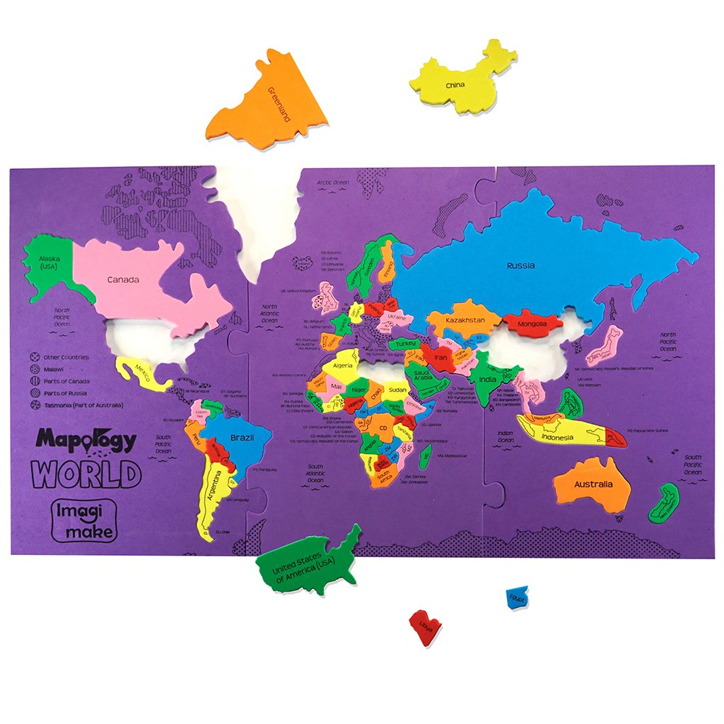Imagimake Mapology World Map Puzzle – 65 Country Pieces, 3 Foam Frames, Educational Geography Toy for Kids 4 and Up
