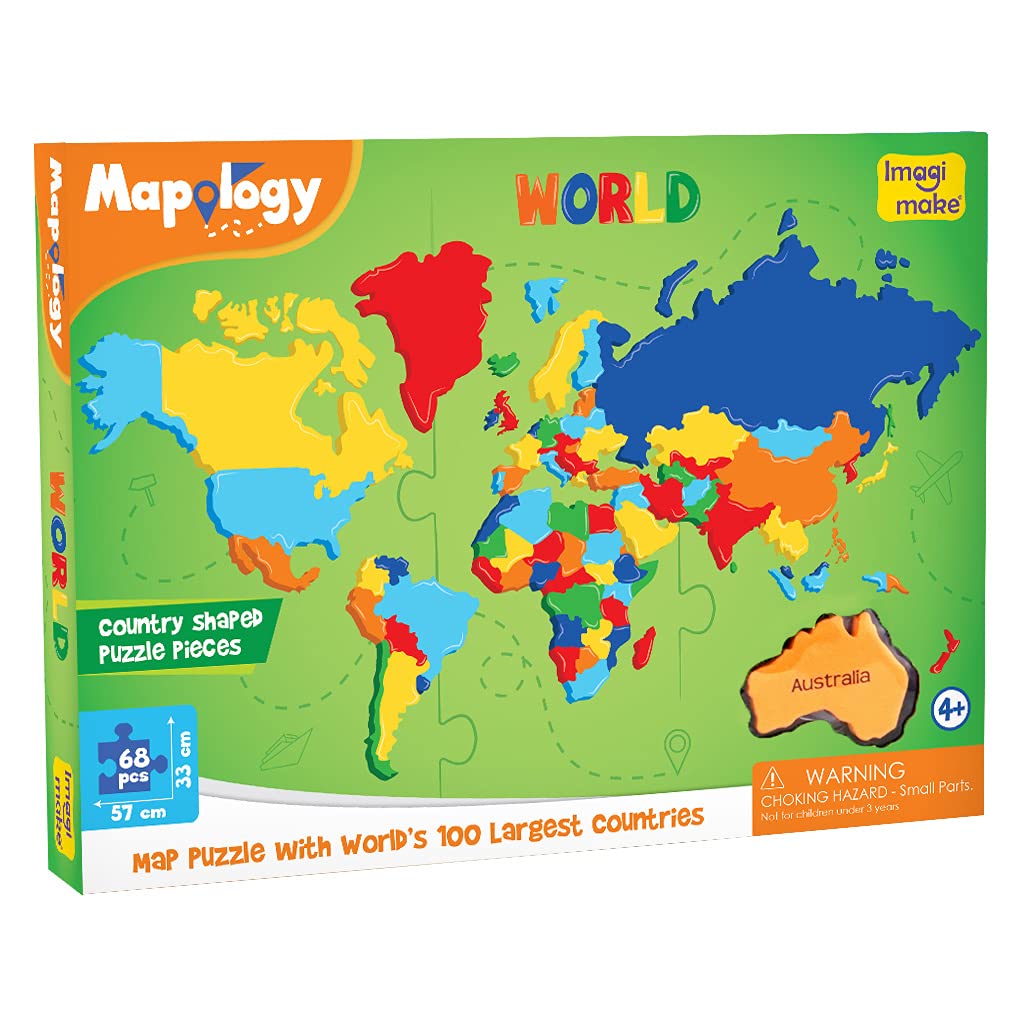 Imagimake Mapology World Map Puzzle – 65 Country Pieces, 3 Foam Frames, Educational Geography Toy for Kids 4 and Up