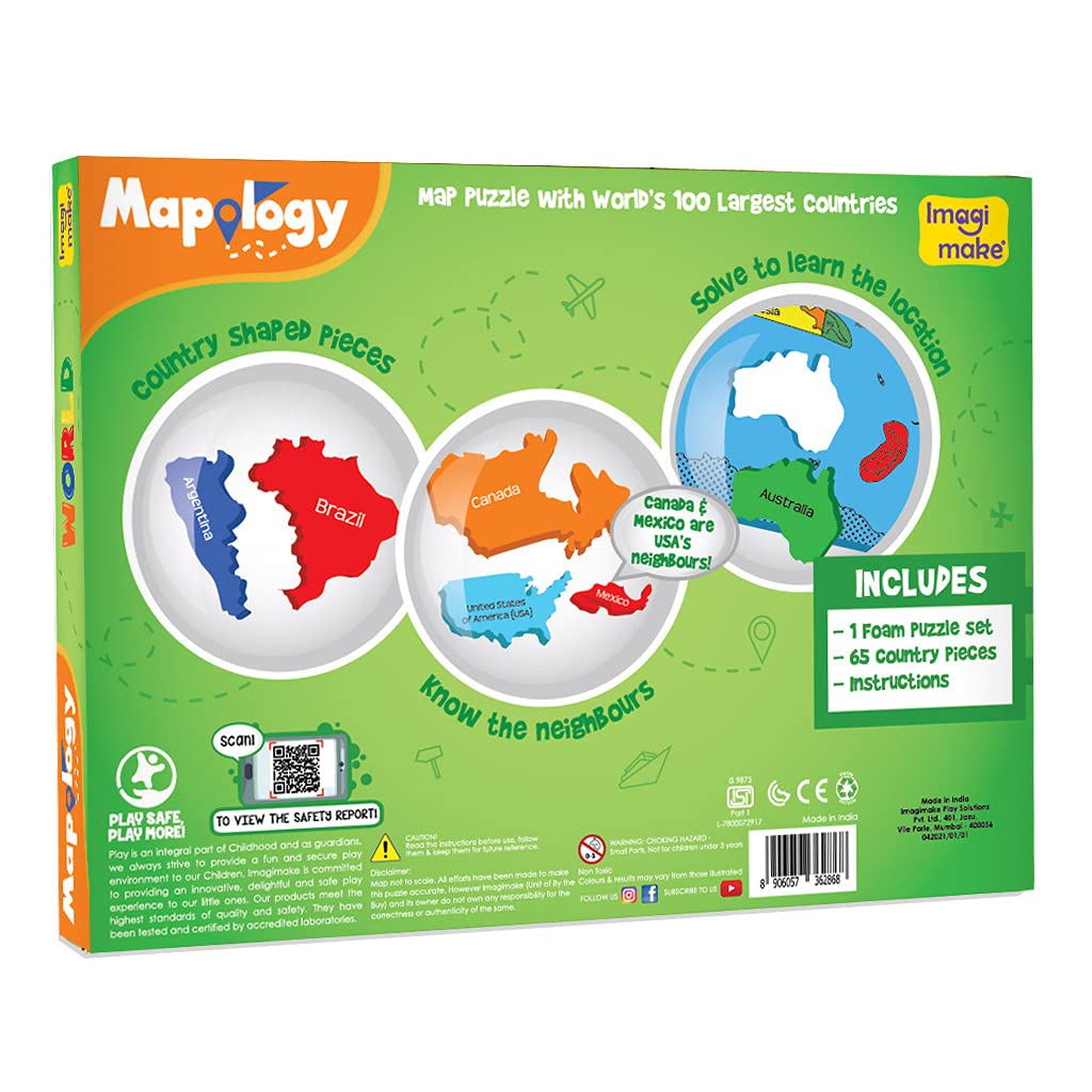 Imagimake Mapology World Map Puzzle – 65 Country Pieces, 3 Foam Frames, Educational Geography Toy for Kids 4 and Up