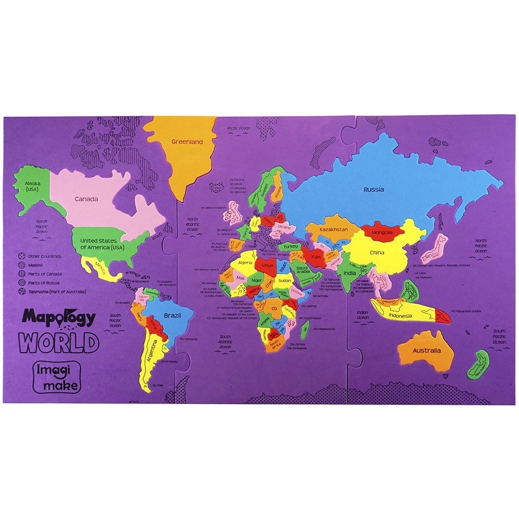 Imagimake Mapology World Map Puzzle – 65 Country Pieces, 3 Foam Frames, Educational Geography Toy for Kids 4 and Up