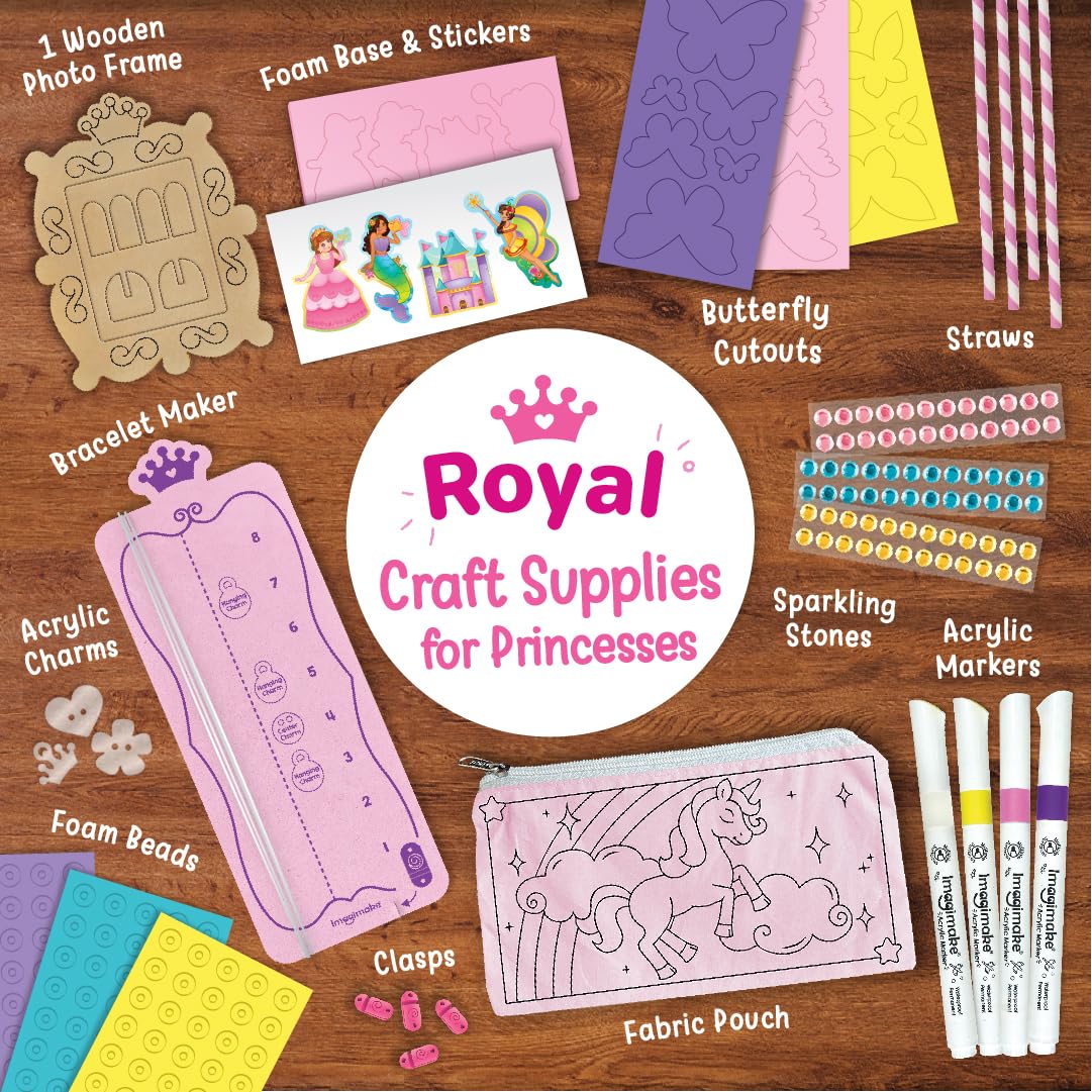 Imagimake Princess Craft Kit | 10 Mess-Free DIY Activities for Girls 5+ | Bracelet Making, Unicorn Pouch & Frame