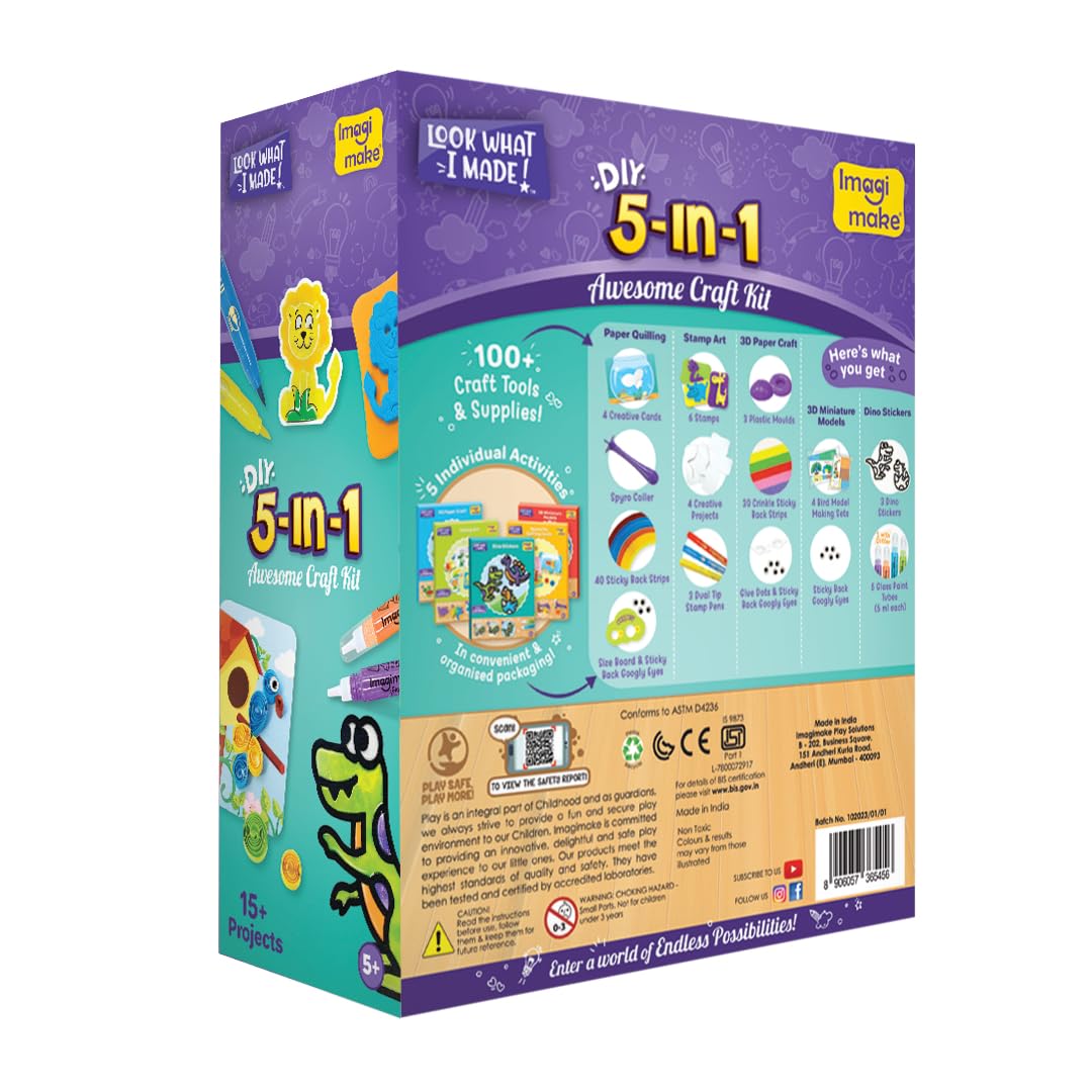 Imagimake 5-in-1 Awesome Craft Kit – 15+ Projects for Kids Aged 4–8 | Mess-Free Creative Fun