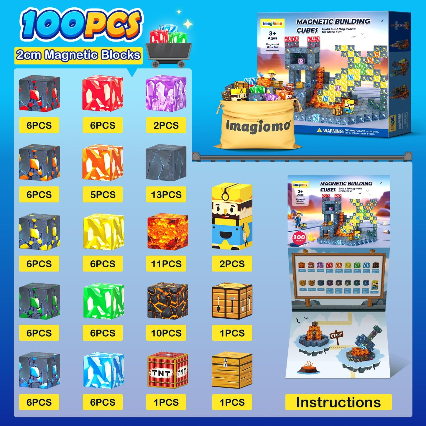 Imagiomo 100PCS Magnetic Blocks - Mine Magnet World Adventure Set for Ages 3-8 | STEM Building Toys