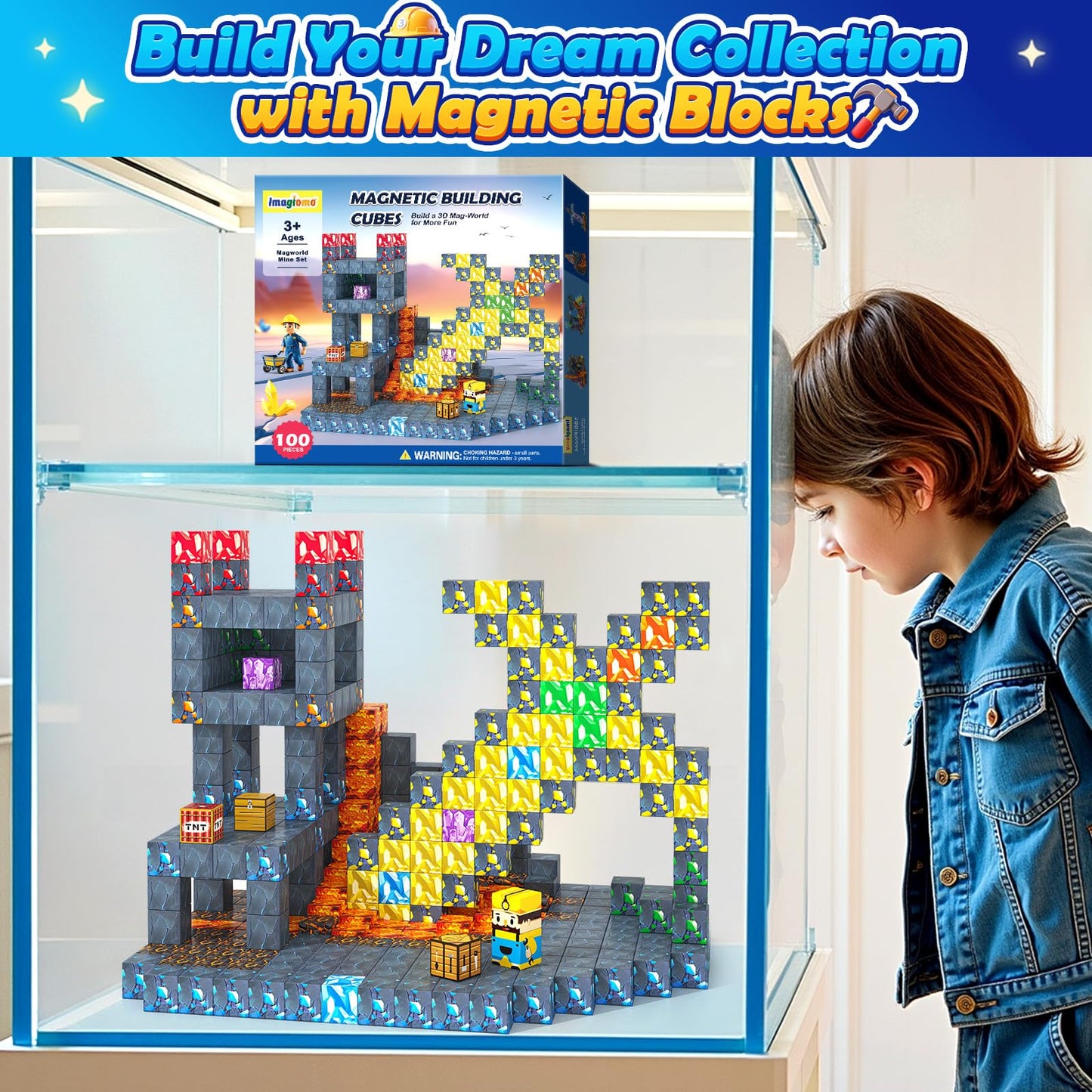 Imagiomo 100PCS Magnetic Blocks - Mine Magnet World Adventure Set for Ages 3-8 | STEM Building Toys