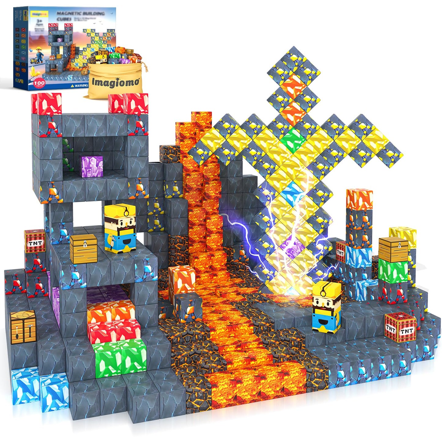 Imagiomo 100PCS Magnetic Blocks - Mine Magnet World Adventure Set for Ages 3-8 | STEM Building Toys