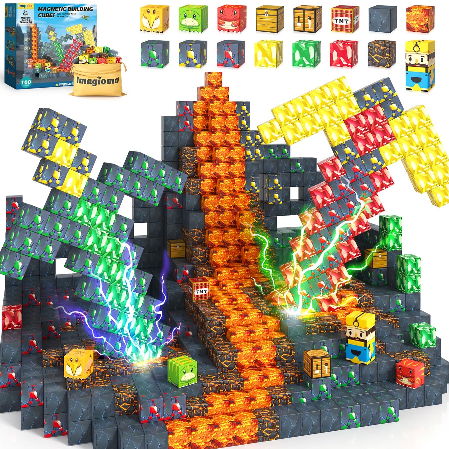 Imagiomo 100PCS Magnetic Blocks - Mine World Dinosaur Adventure Set for Kids 3-12