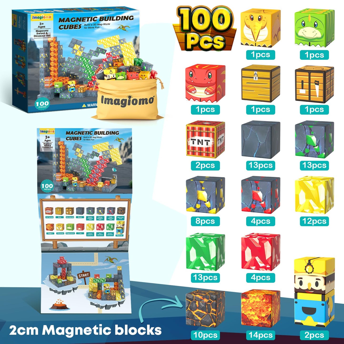 Imagiomo 100PCS Magnetic Blocks - Mine World Dinosaur Adventure Set for Kids 3-12
