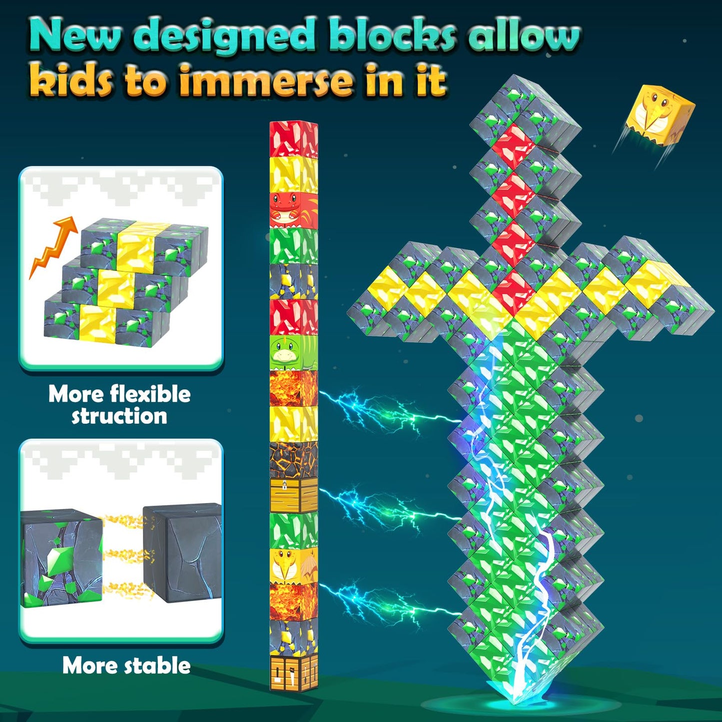 Imagiomo 100PCS Magnetic Blocks - Mine World Dinosaur Adventure Set for Kids 3-12
