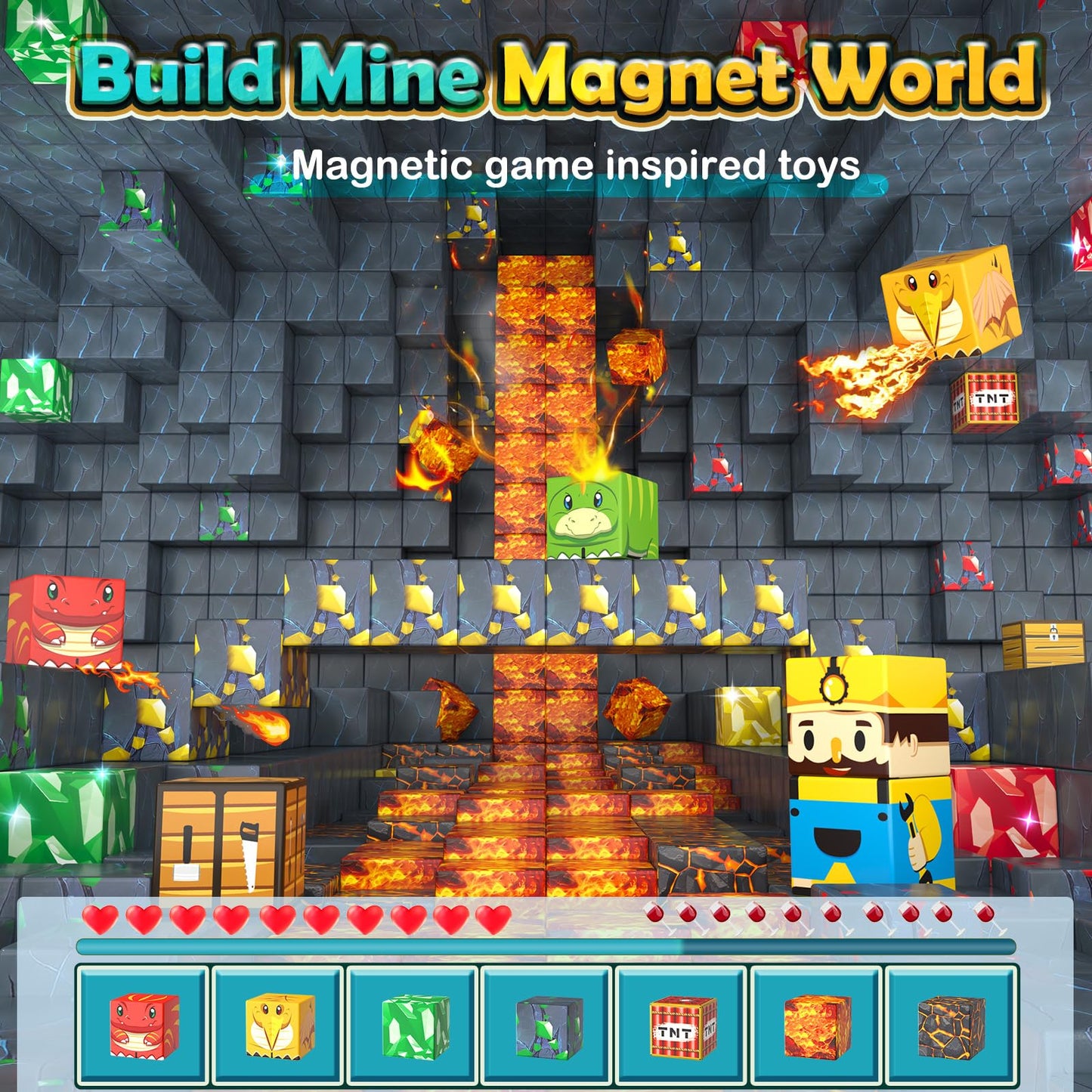 Imagiomo 100PCS Magnetic Blocks - Mine World Dinosaur Adventure Set for Kids 3-12