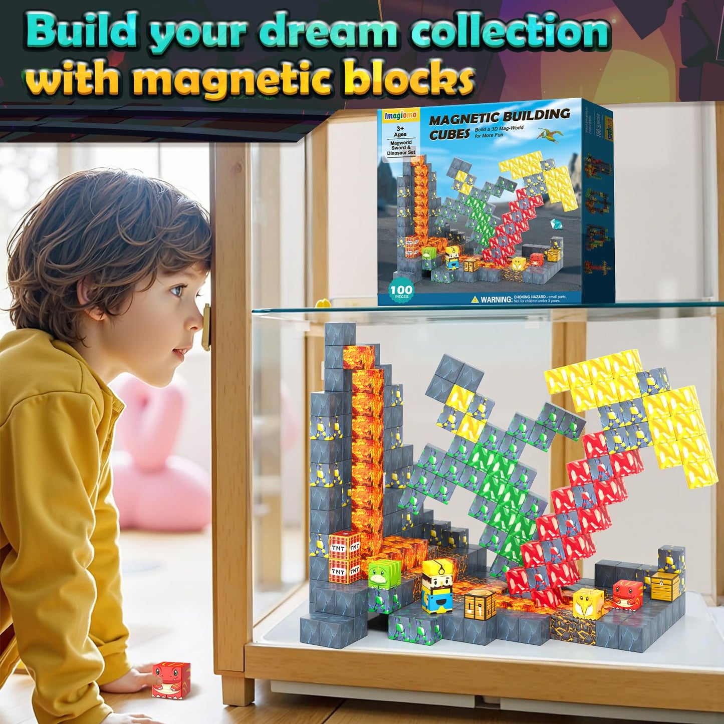 Imagiomo 100PCS Magnetic Blocks - Mine World Dinosaur Adventure Set for Kids 3-12